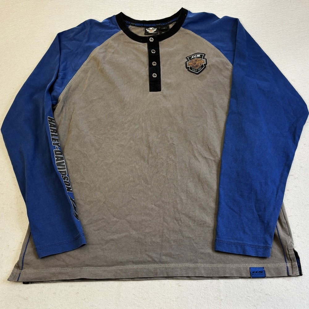 Harley-Davidson Henley Shirt Mens XL Grey Blue 115th Raglan Bikercore Biker